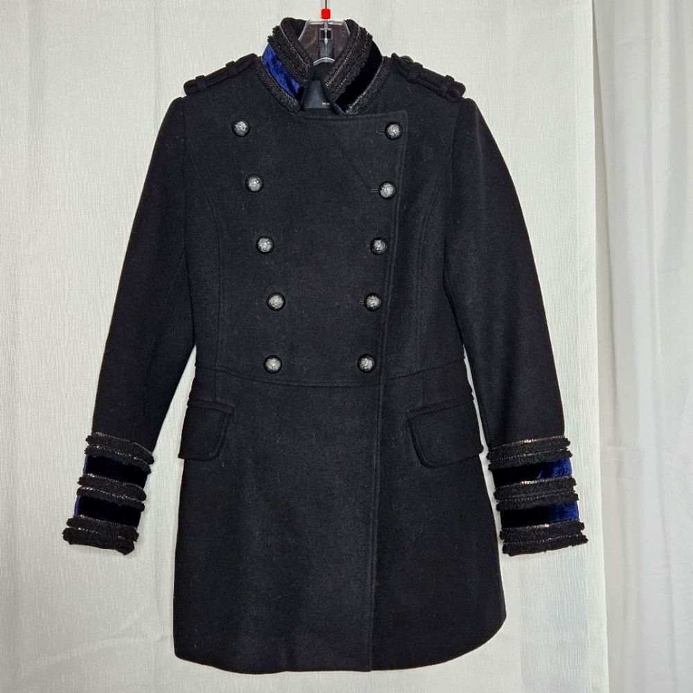 Blue and Black Double-Breasted Pea Coat with High Collar